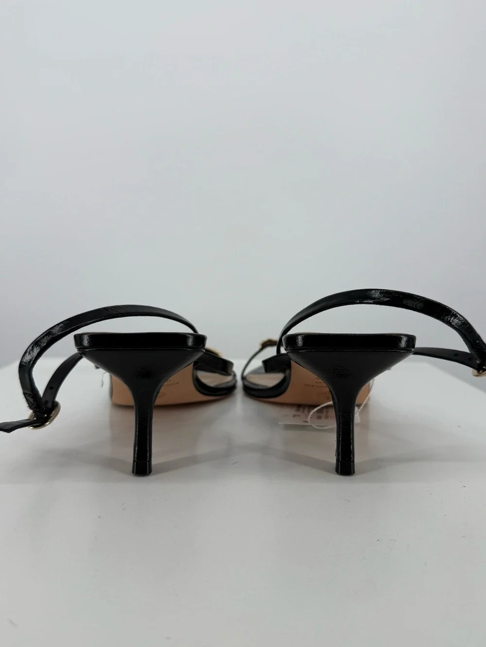 ANTONIO MELANI Black Strappy Pointed Toe Slingback Heels with Gold Accent